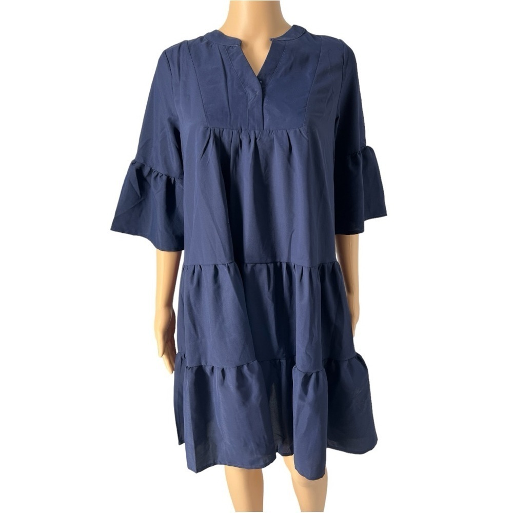 Belongsci Navy Blue Summer Dress V-Neck Bell Sleeves Shift Tiered Midi Size S